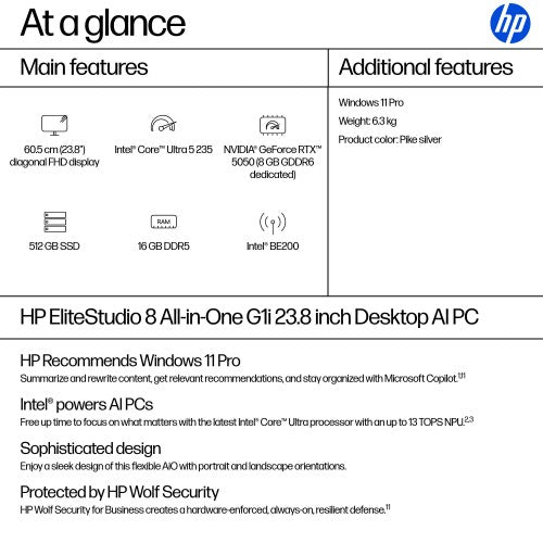 HP EliteStudio 8 G1i AI PC Intel Core Ultra 5 235 60.5 cm (23.8") 1920 x 1080 pixels All-in-One PC 16 GB DDR5-SDRAM 512 GB SSD Windows 11 Pro Wi-Fi 7 (802.11be) Silver