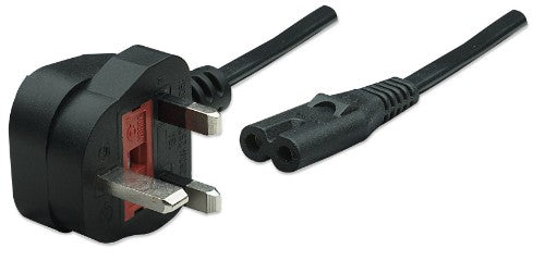 Manhattan Mains Power Cord/Cable, UK 3-pin plug to C7 Female (figure of eight), 1.8m, 13A, Black, Lead, Lifetime Warranty