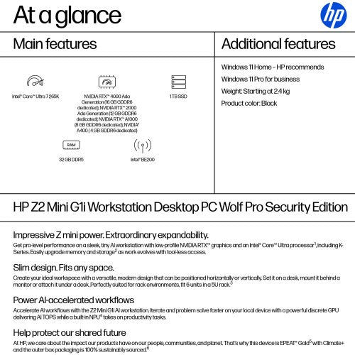 HP Z2 Mini G1i Wolf Pro Security Edition Intel Core Ultra 7 265K 32 GB DDR5-SDRAM 1 TB SSD Windows 11 Home Mini PC Workstation AI Workstation, AI PC Black