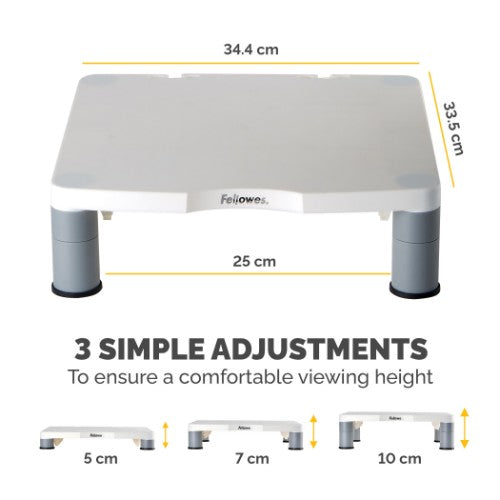 Fellowes Computer Monitor Stand with 3 Height Adjustments - Standard Monitor Riser with Cable Management - Ergonomic Adjustable Monitor Stand for Computers - Max Weight 27KG/Max Size 21" - Platinum