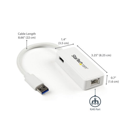 StarTech.com USB 3.0 to Gigabit Ethernet Adapter NIC w/ USB Port - White