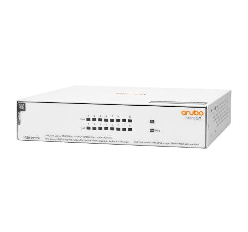 HPE Aruba Networking Aruba Instant On 1430 8G Class4 PoE 64W Unmanaged L2 Gigabit Ethernet (10/100/1000) Power over Ethernet (PoE) White