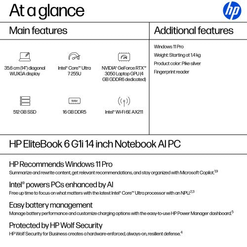 HP EliteBook 6 G1i AI Intel Core Ultra 7 255U Laptop 35.6 cm (14") WUXGA 16 GB DDR5-SDRAM 512 GB SSD Wi-Fi 6E (802.11ax) Windows 11 Pro AI PC Silver