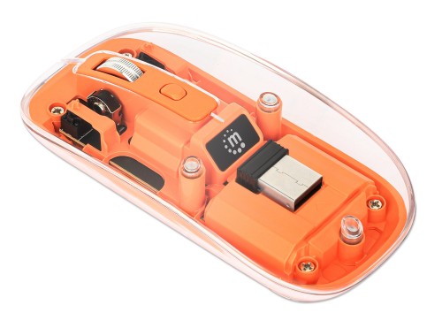 Manhattan Transparent Rechargeable Wireless Mouse, Clear/Orange, Adjustable 800/1200/1600dpi, With RGB LED light, 2.4Ghz (effective range up to 10m), USB, Optical, Ambidextrous, Four Button with Scroll Wheel, Slim Design, USB-A micro receiver, Lithium Ion