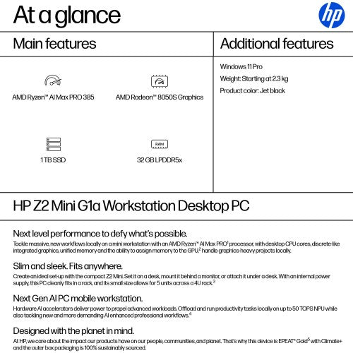 HP Z2 G1a Copilot+ PC AMD Ryzen AI Max PRO PRO 385 32 GB LPDDR5x-SDRAM 1 TB SSD Windows 11 Pro Mini PC Workstation AI Workstation, AI PC Black