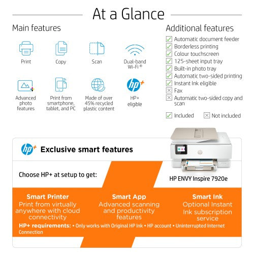 HP ENVY Inspire 7920e Wireless All-in-One Color Printer, Instant Ink; Copier, Scanner