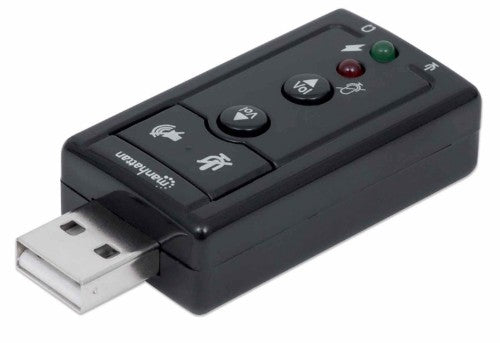 Manhattan USB-A Sound Adapter, USB-A to 3.5mm Mic-in and Audio-Out ports, 480 Mbps (USB 2.0), 7.1-Channel Virtual 3D Surround Sound, Internal Amplifier and Volume Controls, Hi-Speed USB, Three Year Warranty, Equivalent to ICUSBAUDIO7.