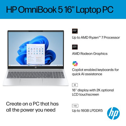HP OmniBook 5 16-bc1004na AMD Ryzen™ 5 8540U Laptop 40.6 cm (16") 2K 16 GB LPDDR5-SDRAM 512 GB SSD Wi-Fi 6 (802.11ax) Windows 11 Home Silver