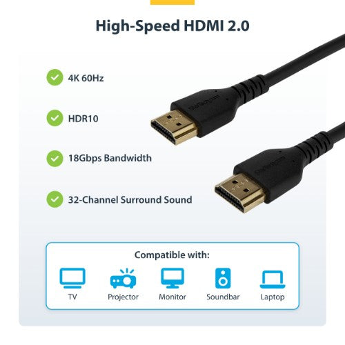 StarTech.com 5ft (1.5m) Slim HDMI 2.0 Cable, Flexible Premium Certified HDMI Cord with Ethernet, UHD 4K 60Hz HDR10, Durable Aramid Fiber Design with TPE Jacket