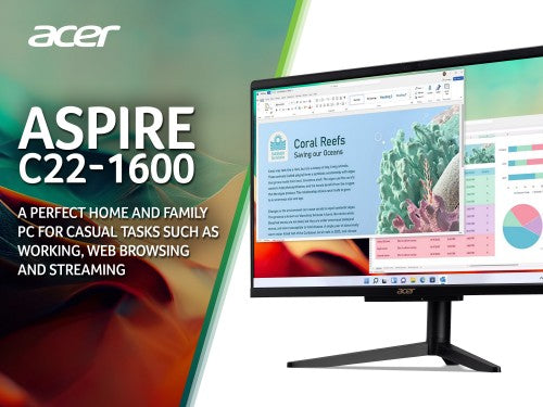 Acer Aspire C22-1600 All-in-One Desktop - Intel Pentium N6005, 8GB, 256GB SSD, Integrated Graphics, 21.5" Full HD, Windows 11, Black