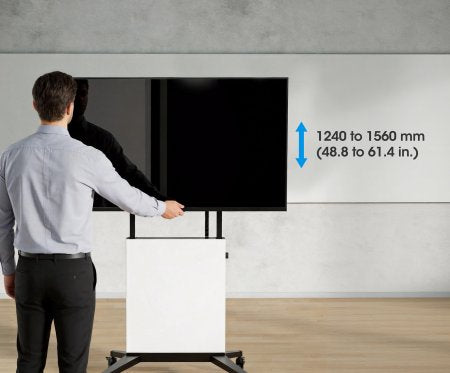 Manhattan Trolley Mount Stand for TV & Monitors (tool free height adjust), For screens:60" to 100",VESA:all between 200x200 to 1000x600mm -check the dimensions of the four mounting holes on back of screen to ensure it fits,Max 80kg,Height 1240 to 1560mm,L