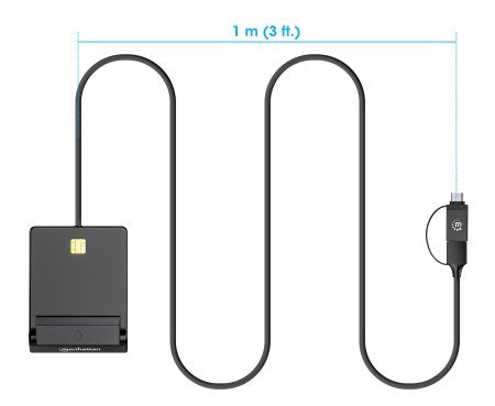 Manhattan USB-A / USB-C combo Smart Card Reader, USB 2.0 Type-C and Type-A Male to Contact Reader Interface, Supports Windows, macOS and Linux, Reads SIM Cards with Adapter (not included or available from ), 1m Cable, Black