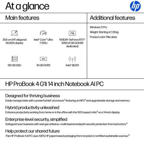HP ProBook 4 G1i AI Intel Core Ultra 7 255U Laptop 35.6 cm (14") WUXGA 16 GB DDR5-SDRAM 512 GB SSD Wi-Fi 7 (802.11be) Windows 11 Pro AI PC Silver
