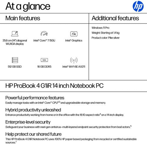 HP ProBook 4 G1iR Intel Core 7 150U Laptop 35.6 cm (14") WUXGA 16 GB DDR5-SDRAM 512 GB SSD Wi-Fi 6E (802.11ax) Windows 11 Pro Silver