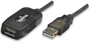 Manhattan USB-A to USB-A Extension Cable, 10m, Male to Female, Active, 480 Mbps (USB 2.0), Daisy-Chainable, Built In Repeater, Hi-Speed USB, Black, Three Year Warranty, Equivalent to USB2AAEXT10M.