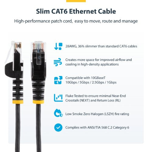 StarTech.com 15m Blue Slim CAT6 Ethernet Cable, Snagless, 100W PoE, UTP, LSZH, 28AWG Pure Bare Copper Wire, Slim RJ45 Network Patch Cord w/Strain Reliefs, Fluke Tested