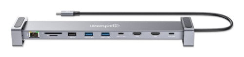 Manhattan USB-C Dock/Hub with Card Reader and MST, Ports (x7): Ethernet, HDMI (x2 4k@60Hz), USB-A (x3) and USB-C, with Power Delivery (PD) 100W- requires external USB-C charger (not included). USB powered (no external power supply required) when PD is not