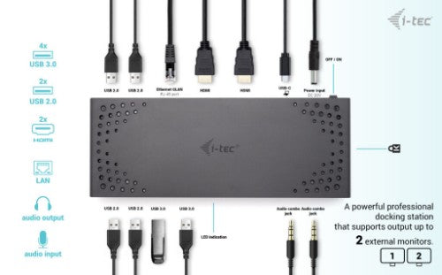 i-tec USB 3.0 / USB-C / Thunderbolt Dual Display Docking Station + Power Delivery 100W