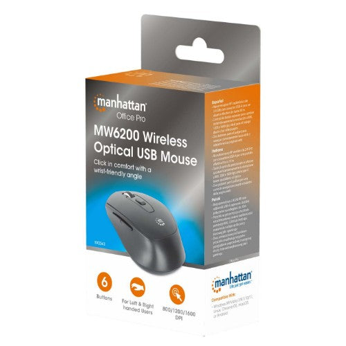 Manhattan MW6020 Wireless Mouse, Black, Adjustable 800/1200/1600dpi via top-mount push-button control, 2.4Ghz (effective range up to 10m), USB, Optical, Ambidextrous, Six Button with Scroll Wheel, USB-A nano receiver, AA battery (included)