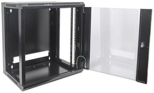 Intellinet 19" Network Cabinet - Wall Mount (Standard), 12U, 450mm Deep, Black, Flatpack, Max 60kg, Suitable also for use on desk or floor, Usable Depth 270mm to 350mm, Metal & Glass Door, Back Panel, Removeable Sides,Parts for wall installation not inclu