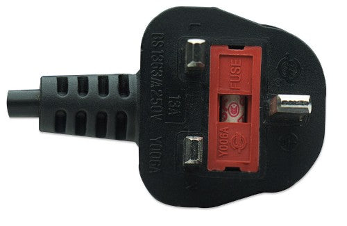 Manhattan Power Cord/Cable, UK 3-pin plug to C7 Female (figure of eight), 1.8m, 13A, Black, Lead, Lifetime Warranty