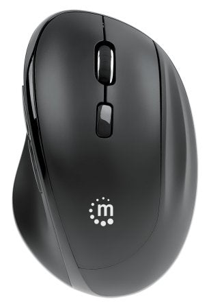 Manhattan Ergonomic Wireless Mouse, Right Handed, Adjustable 800/1200/1600dpi, 2.4Ghz (up to 10m), Six Button with Scroll Wheel, Combo USB=A and USB-C receiver, Black, AA battery (included), Three Year Warranty