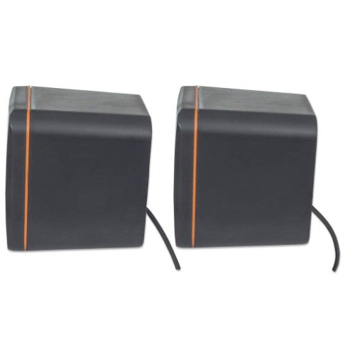 Manhattan 2600 Series Speaker System, Small Size, Big Sound, Two Speakers, Stereo, USB power, Output: 2x 3W, 3.5mm plug for sound, In-Line volume control, Cable 0.9m, Black, Three Year Warranty
