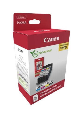 Canon 2106C006/CLI-581 Ink cartridge multi pack Bk,C,M,Y + Photopaper 50 sheet 10x15cm 1505/256/237/257 pg Pack=4 for Canon Pixma TS 6150/8150