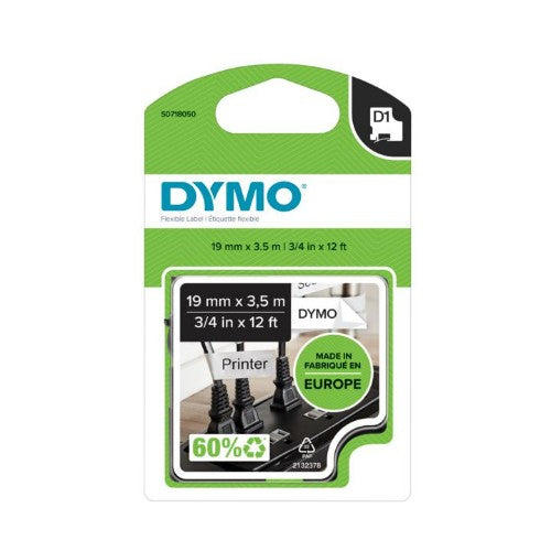 Dymo 16958/S0718050 DirectLabel-etikettes Nylon black on white 19mm x 3,5m for Dymo D1 6-12mm/19mm/24mm/400 Duo