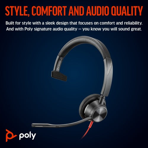 HP Poly Blackwire 3315 Monaural Microsoft Teams Certified USB-C Headset +3.5mm Plug +USB-C/A Adapter