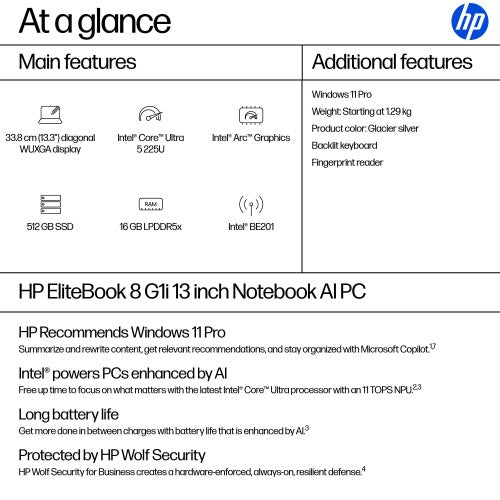 HP EliteBook 8 G1i AI PC Intel Core Ultra 5 225U Laptop 33.8 cm (13.3") WUXGA 16 GB LPDDR5x-SDRAM 512 GB SSD Wi-Fi 7 (802.11be) Windows 11 Pro Silver