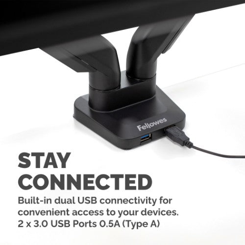 Fellowes Platinum Series Dual Monitor Arm - Monitor Mount for Two 8KG 40 Inch Screens - Adjustable Dual Monitor Desk Mount - Tilt 45° Pan 180° Swivel 360° Rotation 360°, VESA 75 x 75/100 x 100 - Black