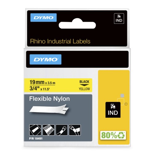 Dymo 18491/S0718090 Ribbon Nylon flexible black on yellow 19mm x 3,5m for Dymo Rhino 6-19mm/24mm