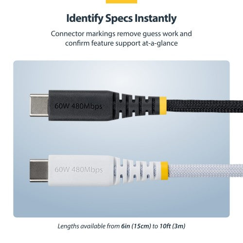 StarTech.com 1m (3ft) USB-C Charging Cable, 60W (3A) PD, Dual-Layer Braided Nylon/TPE Jacket, Rugged USB C Charging Cord, USB 2.0 Laptop Charger Cable