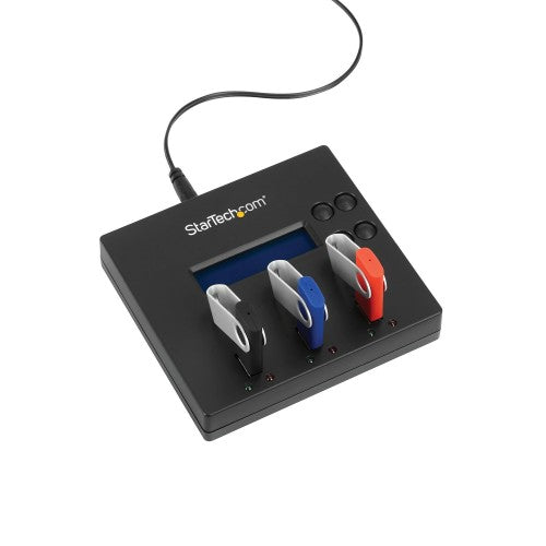 StarTech.com Standalone 1 to 2 USB Thumb Drive Duplicator and Eraser, Multiple USB Flash Drive Copier, System and File and Whole-Drive Copy at 1.5 GB/min, Single and 3-Pass Erase, LCD Display - TAA