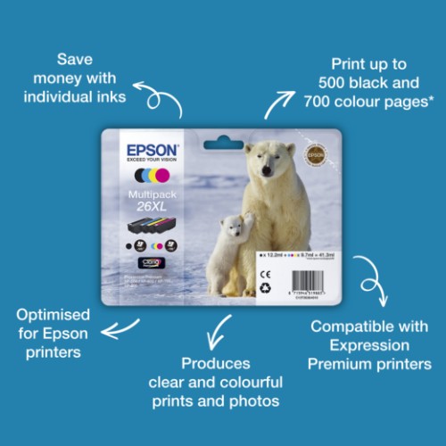Epson C13T26364010/26XL Ink cartridge multi pack Bk,C,M,Y high-capacity XL 1x500,3x700, 12ml 3x10ml Pack=4 for Epson XP 600