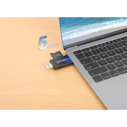 Manhattan USB-A / USB-C combo Multi-Card Reader/Writer, 5 Gbps (USB 3.2 Gen1 aka USB 3.0), Male to microSD and SD/MMC Slots, Mini Format, SuperSpeed USB, Windows or Mac, Black/Transparent, Three Year Warranty