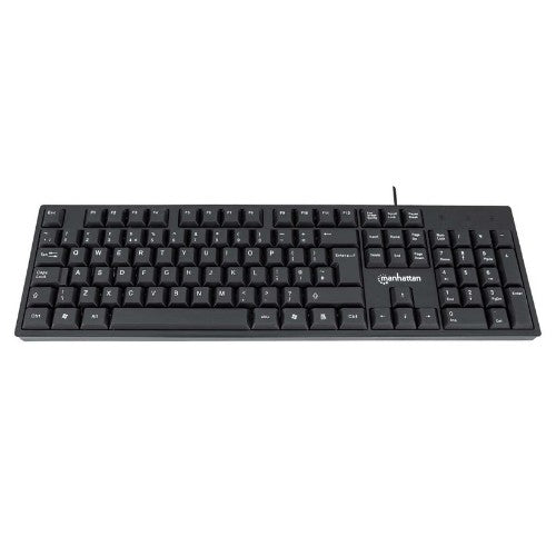 Manhattan Keyboard UK USB Wired, Standard Qwerty layout, Black, Full Size Keys, Cable 1.5m, USB-A connection, Plug and Play, Three Year Warranty, Retail Boxed