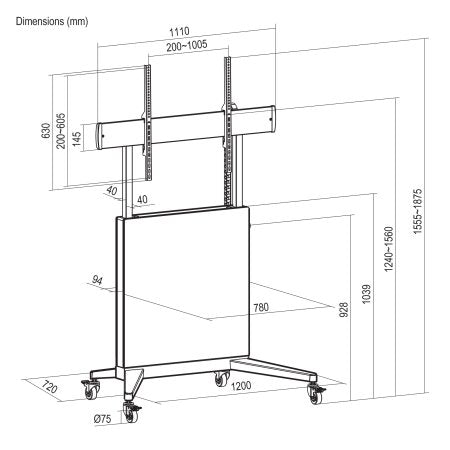 Manhattan Trolley Mount Stand for TV & Monitors (tool free height adjust), For screens:60" to 100",VESA:all between 200x200 to 1000x600mm -check the dimensions of the four mounting holes on back of screen to ensure it fits,Max 80kg,Height 1240 to 1560mm,L