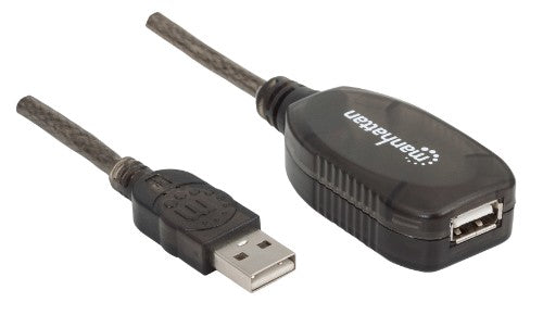 Manhattan USB-A to USB-A Extension Cable, 20m, Male to Female, Active, 480 Mbps (USB 2.0), Daisy-Chainable, Built In Repeater, Hi-Speed USB, Black, Three Year Warranty, Equivalent to USB2AAEXT20M