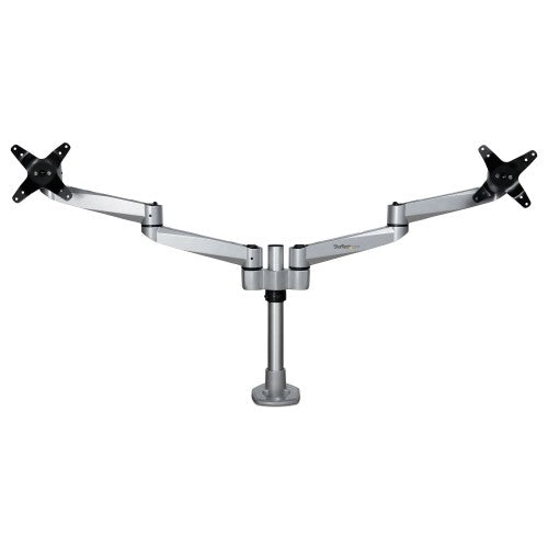 StarTech.com Desk Mount Dual Monitor Arm - Premium Articulating Monitor Arm - up to 30” VESA Mount Displays - Height Adjustable Monitor Mount - Rotate/Tilt/Swivel - Clamp/Grommet - Silver