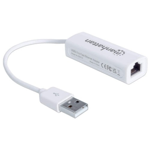 Manhattan USB-A Fast Ethernet Adapter, 10/100 Mbps Network, 480 Mbps (USB 2.0), Hi-Speed USB, RJ45, White, Three Year Warranty