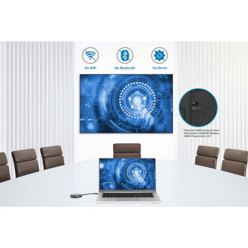 Manhattan 1080p Wireless HDMI Display Adapter with USB-C Transmitter, Dongle Wirelessly Displays a Video Signal from a USB-C Device on an HDMI TV or Projector, Requires Receiver from #208420 Wireless HDMI Presentation Kit, Black