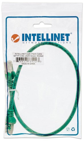 Intellinet Network Patch Cable, Cat6, 0.5m, Green, Copper, S/FTP, LSOH / LSZH, PVC, RJ45, Gold Plated Contacts, Snagless, Booted, Lifetime Warranty