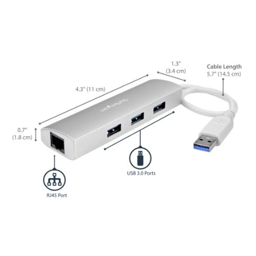 StarTech.com 3-Port Portable USB 3.0 Hub plus Gigabit Ethernet - Built-In Cable~3-Port Portable USB 3.0 Hub plus Gigabit Ethernet - 5Gbps - Built-In Cable