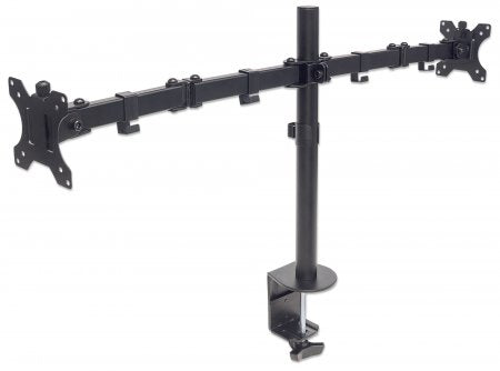 Manhattan Dual Desk Mount for TV & Monitors (Full Motion), For screens 10" to 27", Clamp Assembly, VESA compatability: 75x75 and 100x100mm - check the dimensions of the four mounting holes on back of screen to ensure it fits, Max 8kg (each), Black, Bracke
