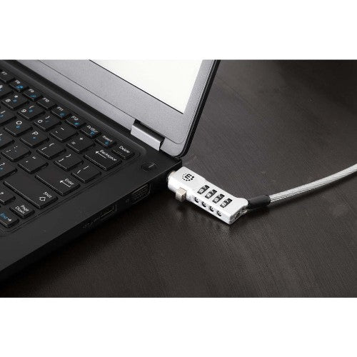 Manhattan Universal Laptop Combination Lock For Noble Wedge®, Nano and K-Slot, Secure 3-in-1 Anti-theft Notebook Lock, Resettable 4-digit Combo, 1.8m, Cut-Resistant Carbon Steel Cable, Translucent PVC Jacket, Silver