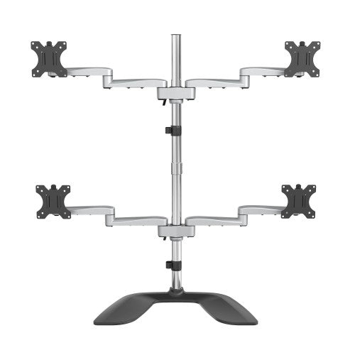 StarTech.com Desktop Quad Monitor Stand - Ergonomic VESA 4 Monitor Arm (2x2) up to 32" - Free Standing Articulating Universal Pole Mount - Height Adjustable/Tilt/Swivel/Rotate - Silver