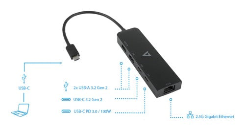 V7 2.5G Ethernet Adapter USB-C Male to USB A Female x 2, USB-C Female x1, RJ45 Female x1 Black