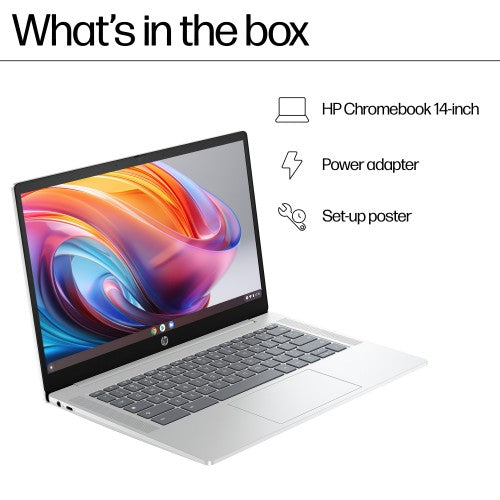 HP Chromebook 14a-nf0003na Intel® N N100 35.6 cm (14") Full HD 8 GB LPDDR5-SDRAM 128 GB eUFS Wi-Fi 6E (802.11ax) ChromeOS Silver